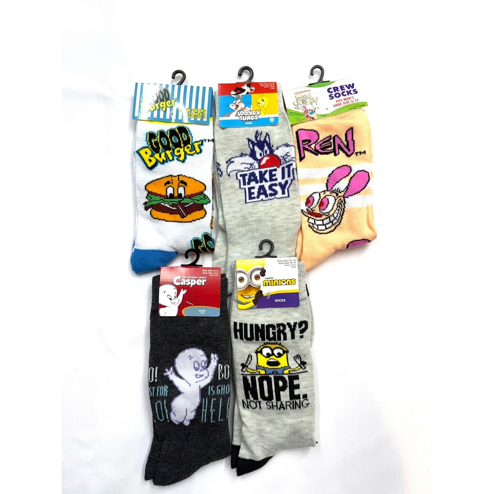 MISC New Adult 5pc Sock Bundle Character Ren Stimpy Minion Casper Good Burgers
